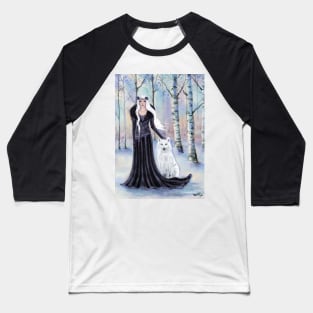 Winter goddess with white wolf by Renee Lavoie Baseball T-Shirt